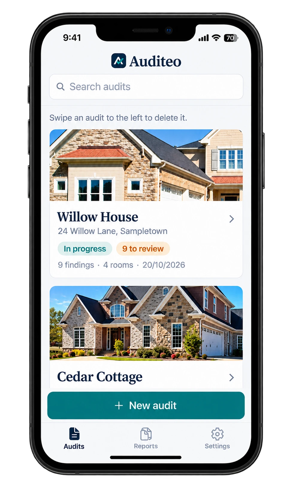 Auditeo on iPhone: the audits list with Willow House, 9 findings, in progress