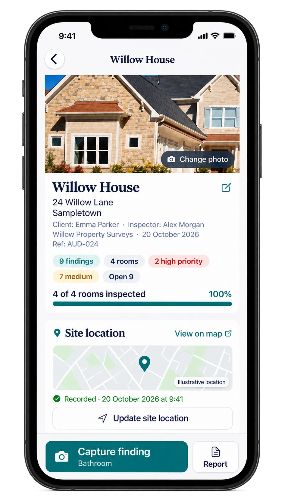 Auditeo audit overview: Willow House with 9 findings, 4 of 4 rooms inspected and the site location map